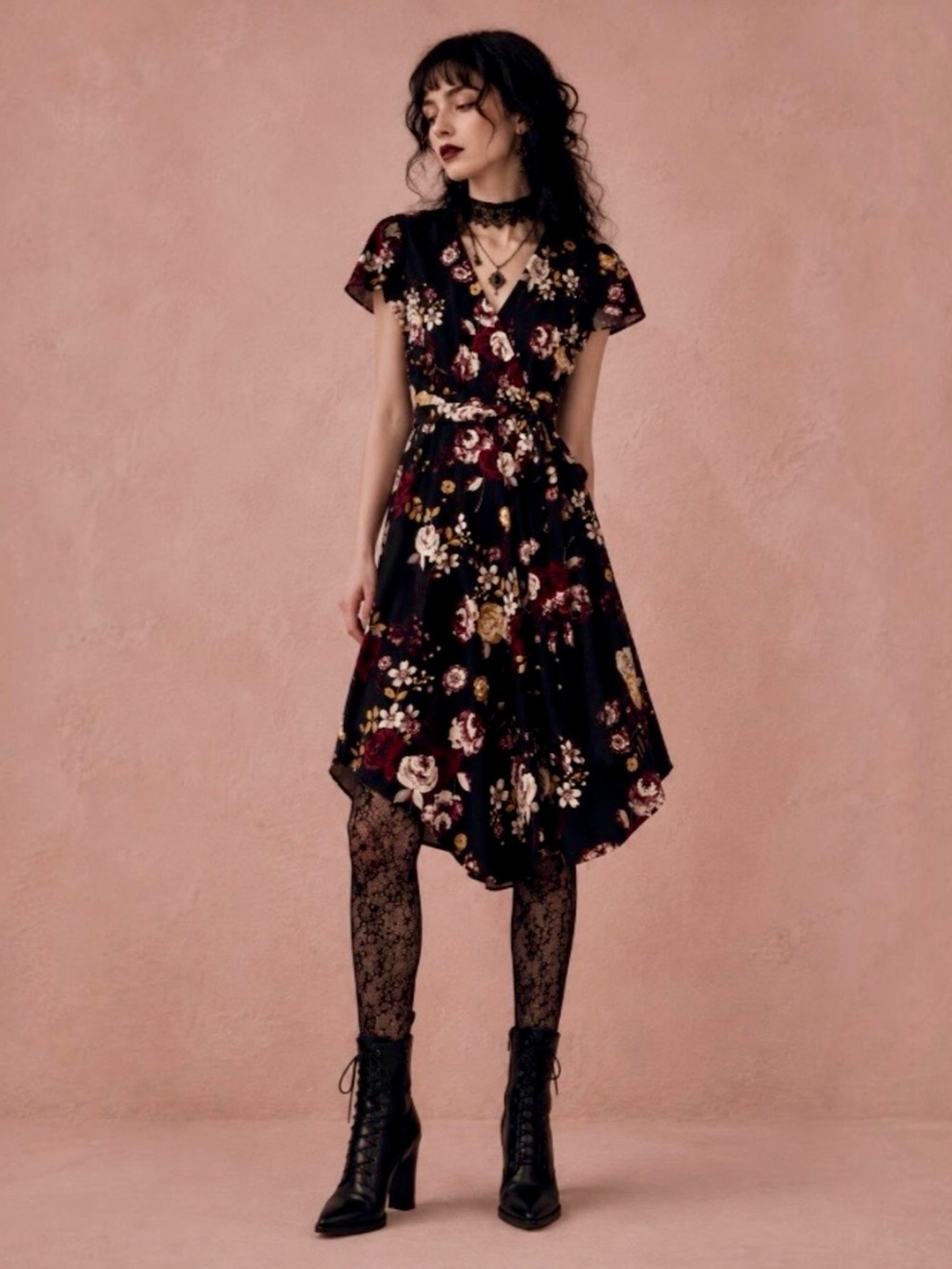 Le Château Dark Floral Faux Wrap Dress Med Black Burgundy Midi Belted Whimsigoth